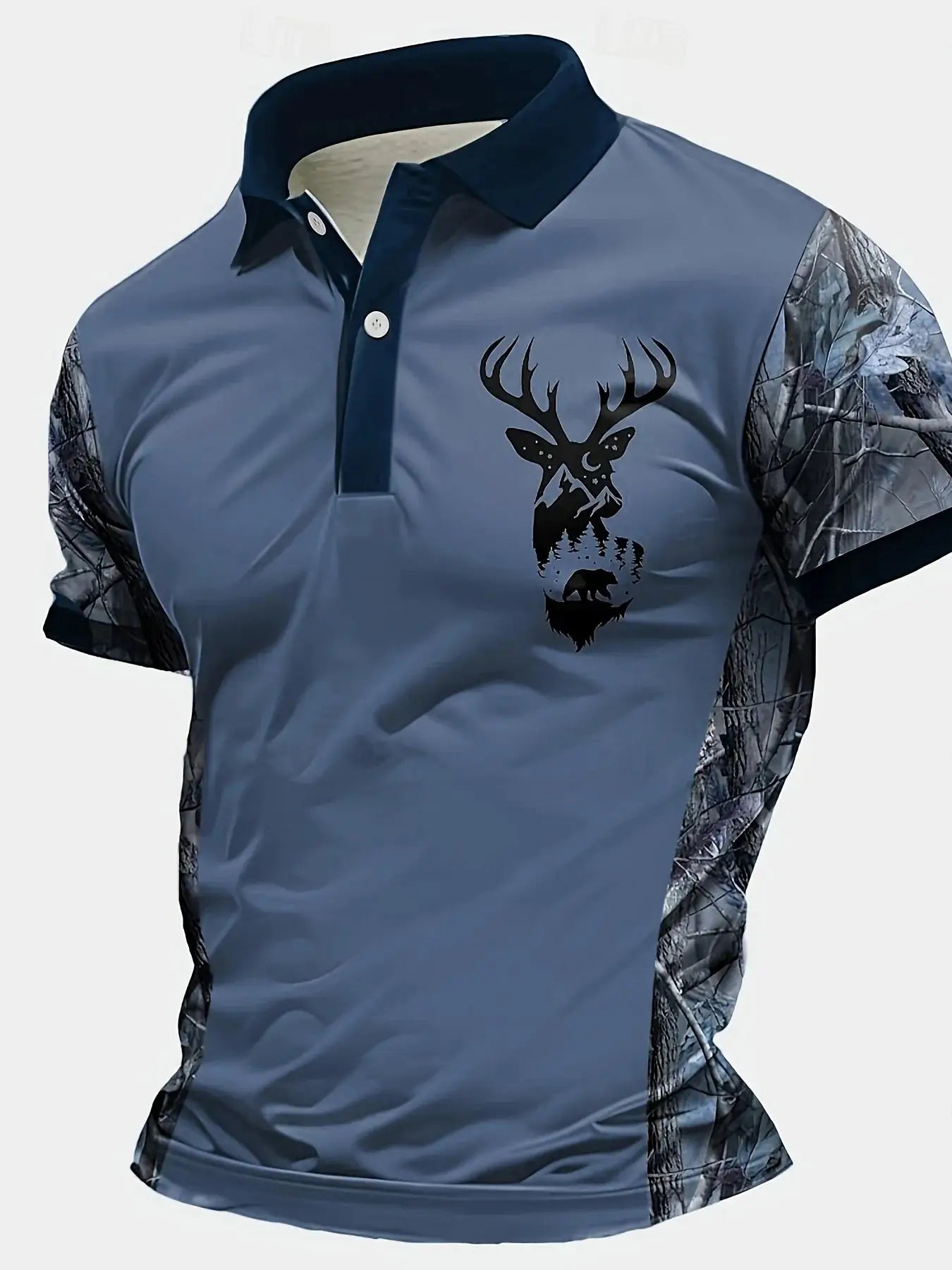 Simples Market men's polo shirt, short-sleeve blue body with camouflage sleeves and a black deer head emblem.