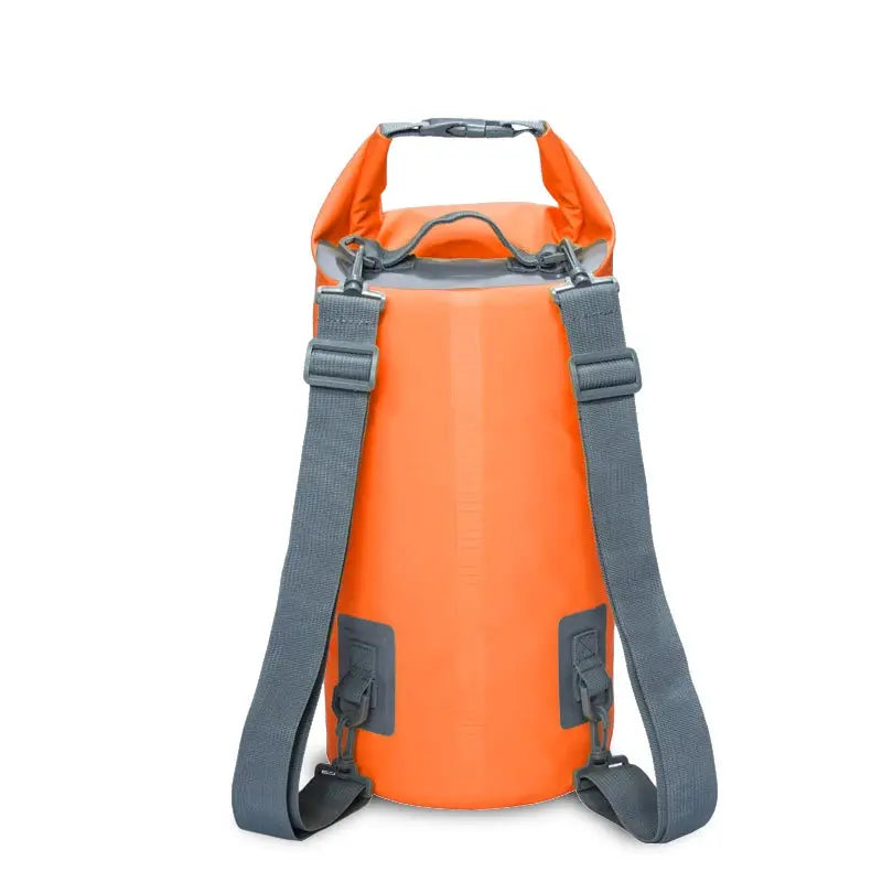 Simples Market PVC waterproof dry bag; orange cylindrical bag with gray double shoulder straps.