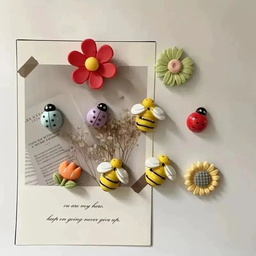Simples Market 10pcs refrigerator magnet set with colorful bees, ladybugs and flower shapes.