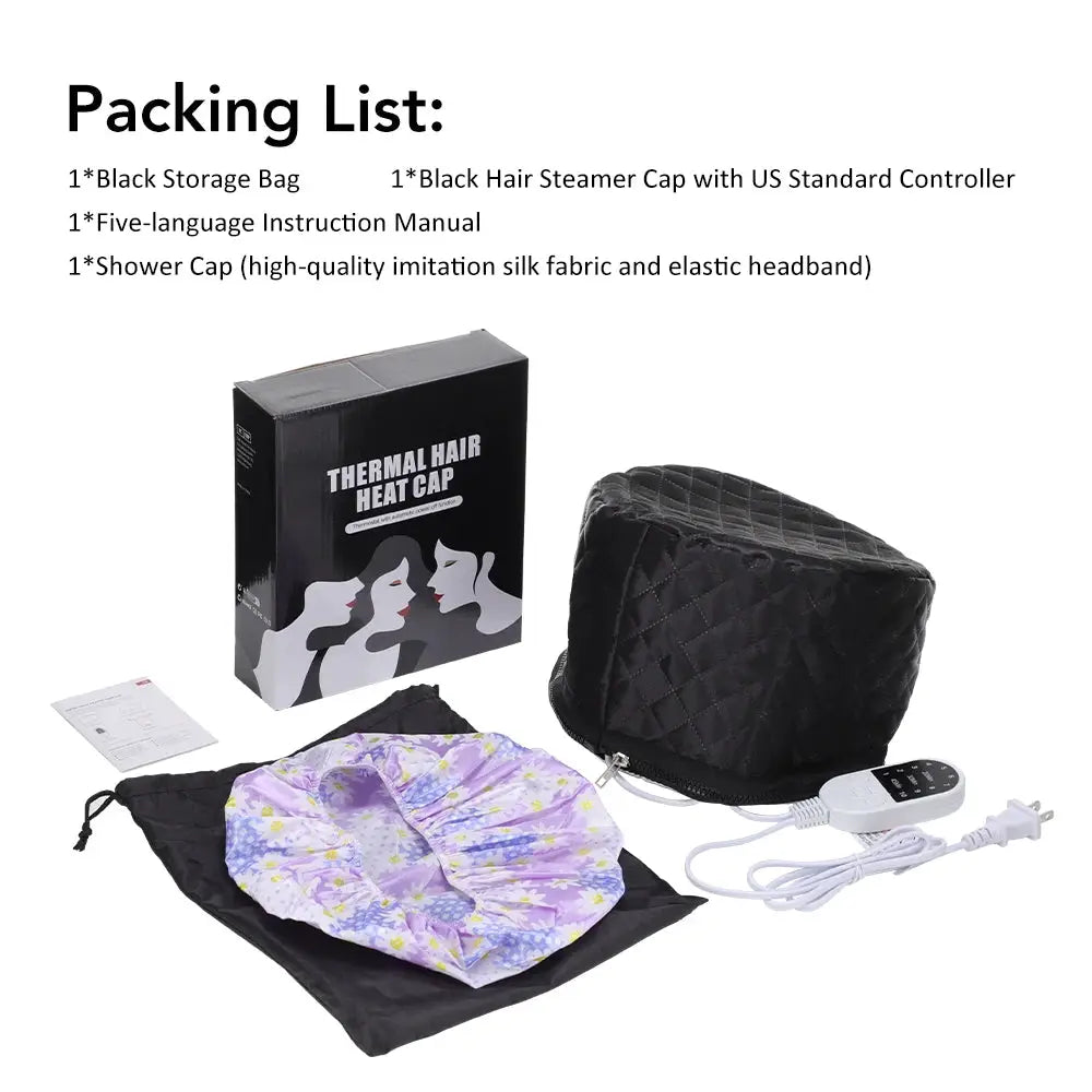 Simples Market electric hair heating cap set with controller; black quilted waterproof cap and purple floral shower cap