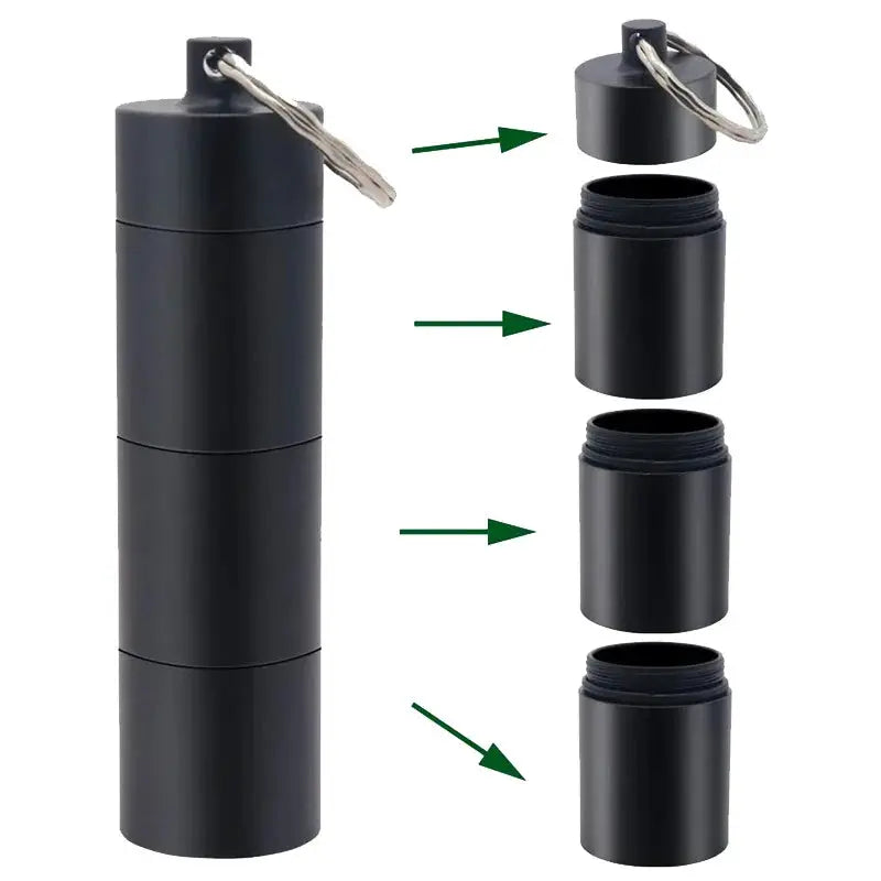 Mini portable aluminum waterproof pill box with three stackable compartments and screw-on cap with loop