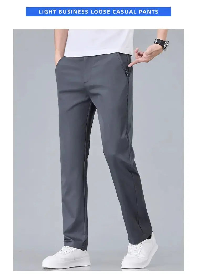 Men's charcoal gray casual stretch-cotton pants, slim-fit with front pockets