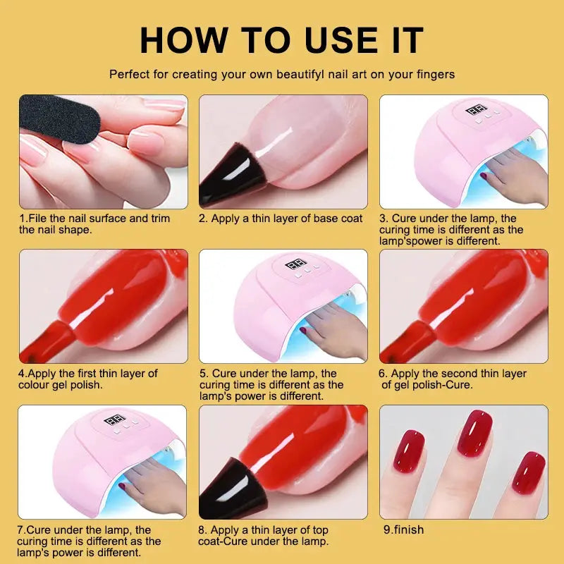 Gel nail polish kit with pink UV lamp from Simples Market