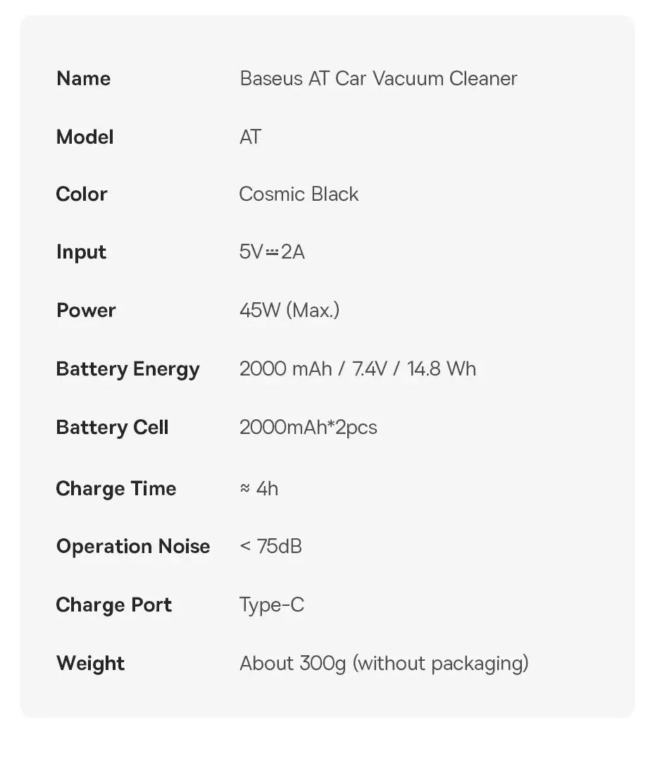 Baseus AT car vacuum cleaner spec sheet with Cosmic Black color, 45W max, Type-C charging, 2000mAh battery.
