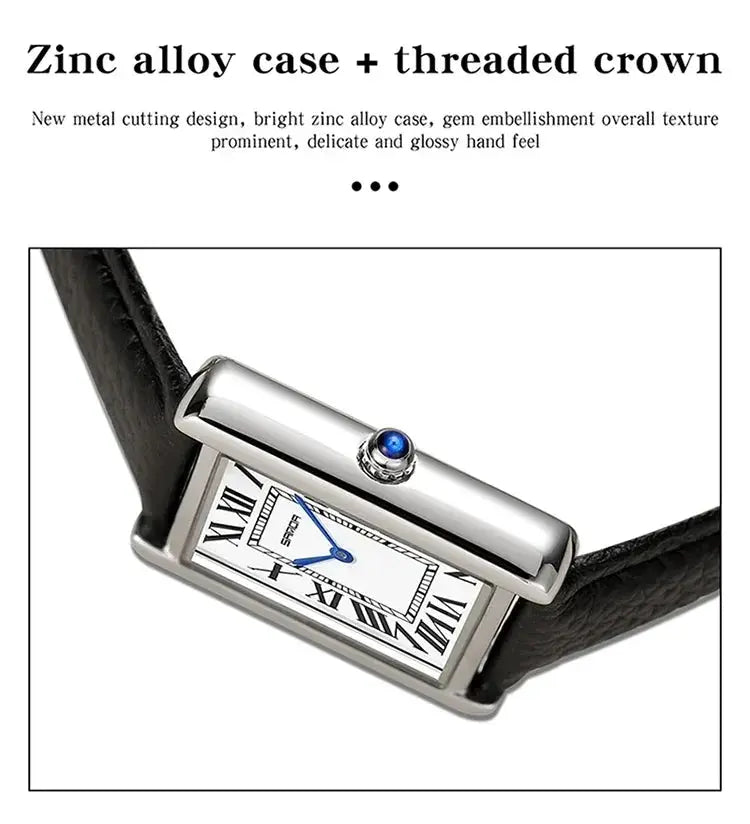 SANDA 9031/1108 luxury quartz watch with zinc-alloy case, blue crown, Roman dial, blue hands, black leather strap.