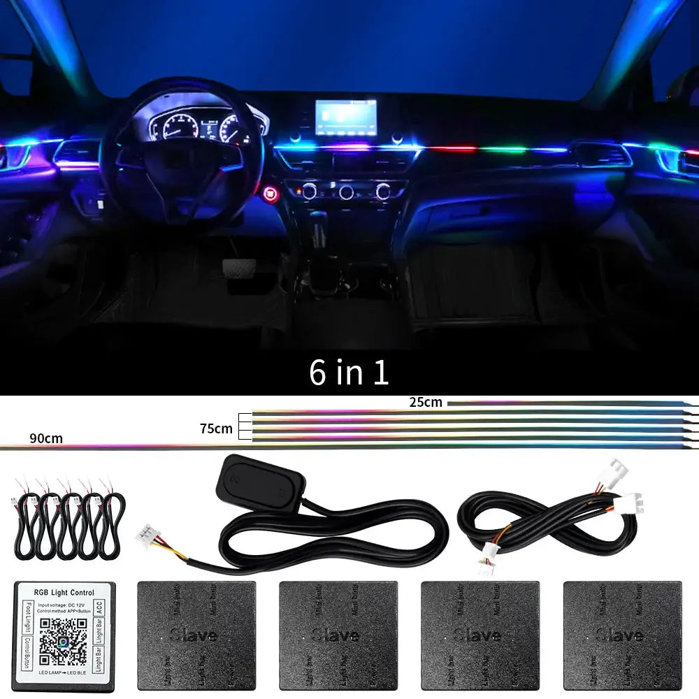 18-in-1 dual-zone full-color RGB car ambient light kit with LED strips, controller, cables and 4 slave modules