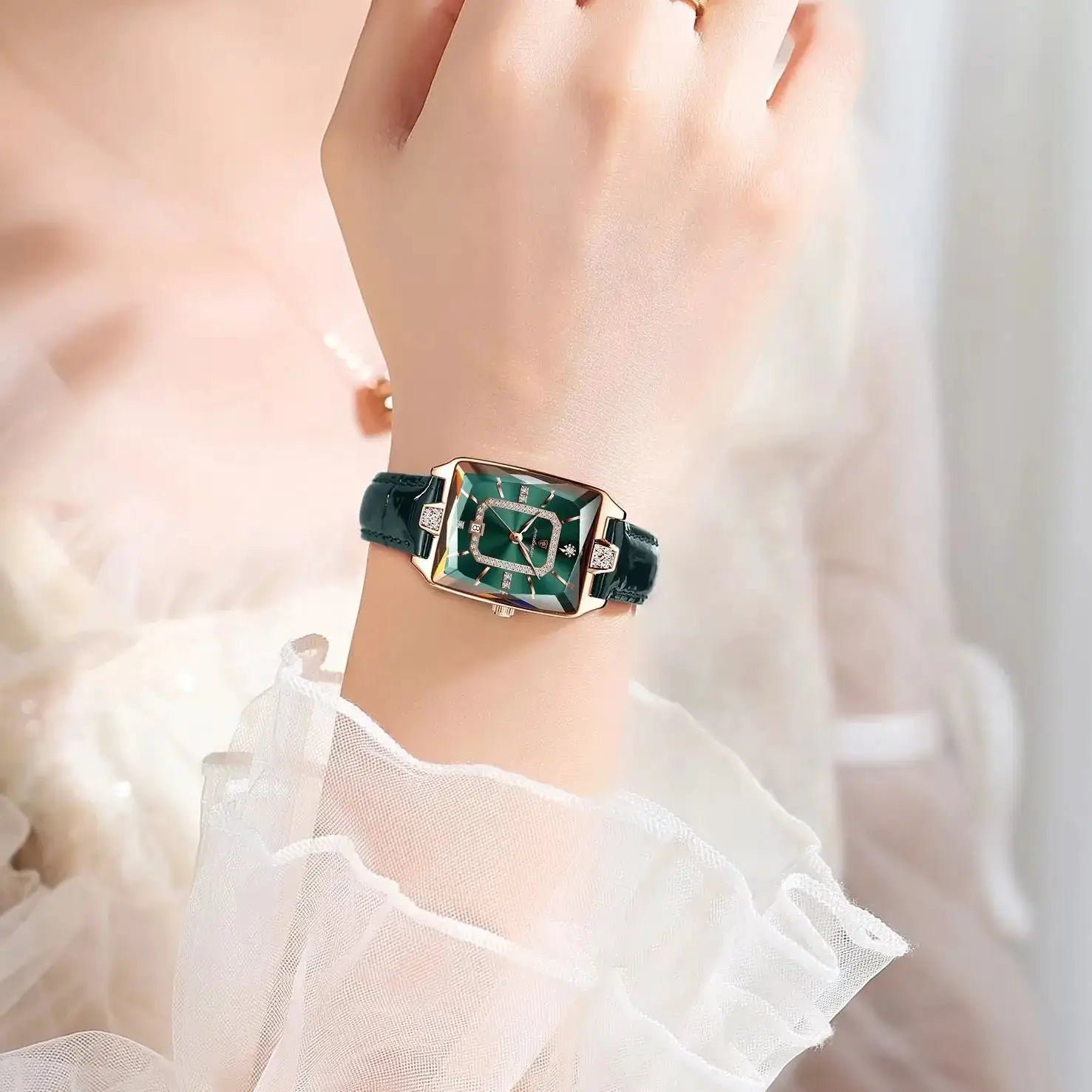 POEDAGAR women's luxury wristwatch with green leather strap and gold-tone rectangular case