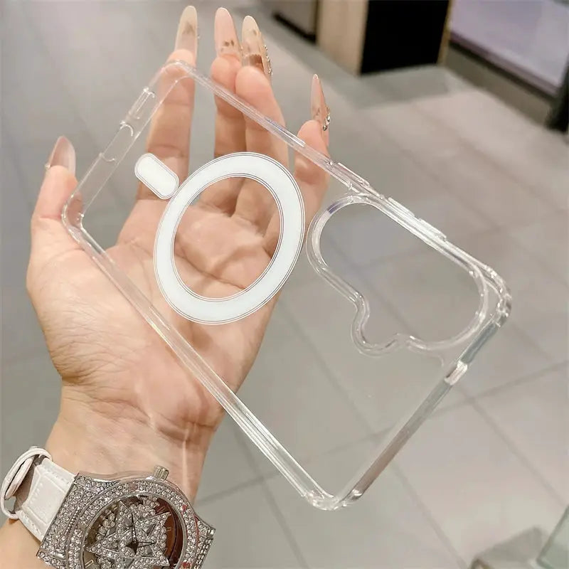 Clear MagSafe-compatible phone case with circular ring for Samsung Galaxy smartphones