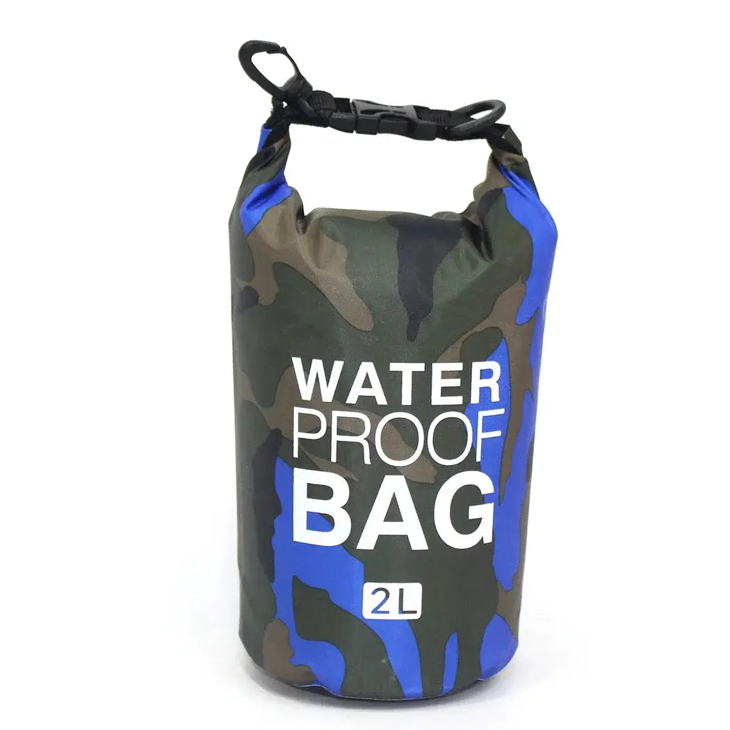 Dry bag waterproof 2L in blue camouflage pattern with roll-top closure