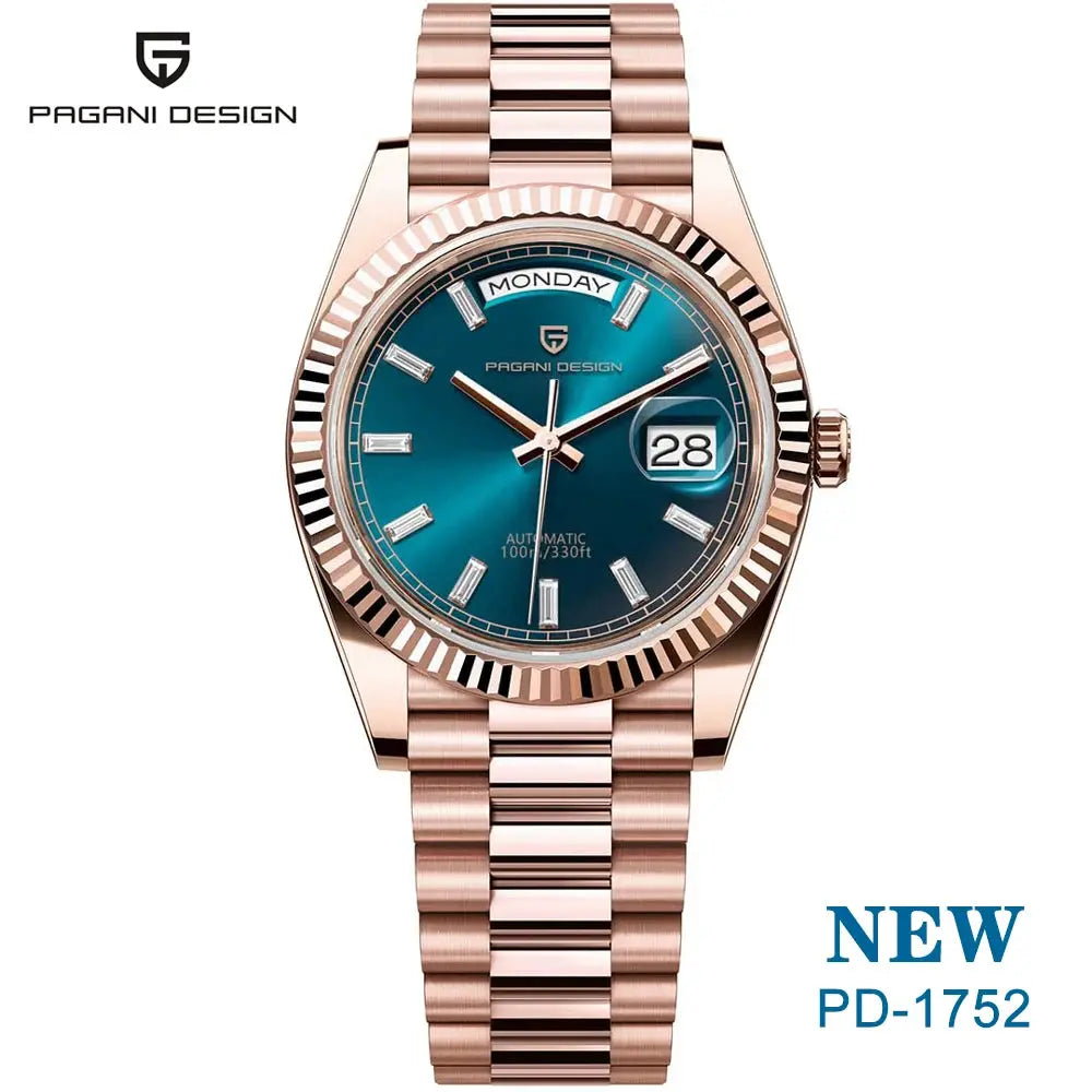 PAGANI DESIGN rose-gold stainless steel men's watch with blue gradient dial, day-date calendar, 36mm automatic.