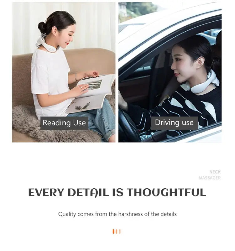 Neck massager, white, rechargeable cordless, shown in reading and driving scenes (2 units)