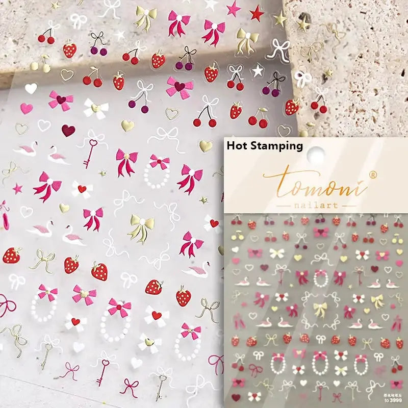 Simples Market pink translucent jelly nail stickers sheet with 5D self-adhesive embossed bows, hearts and fruit decals.