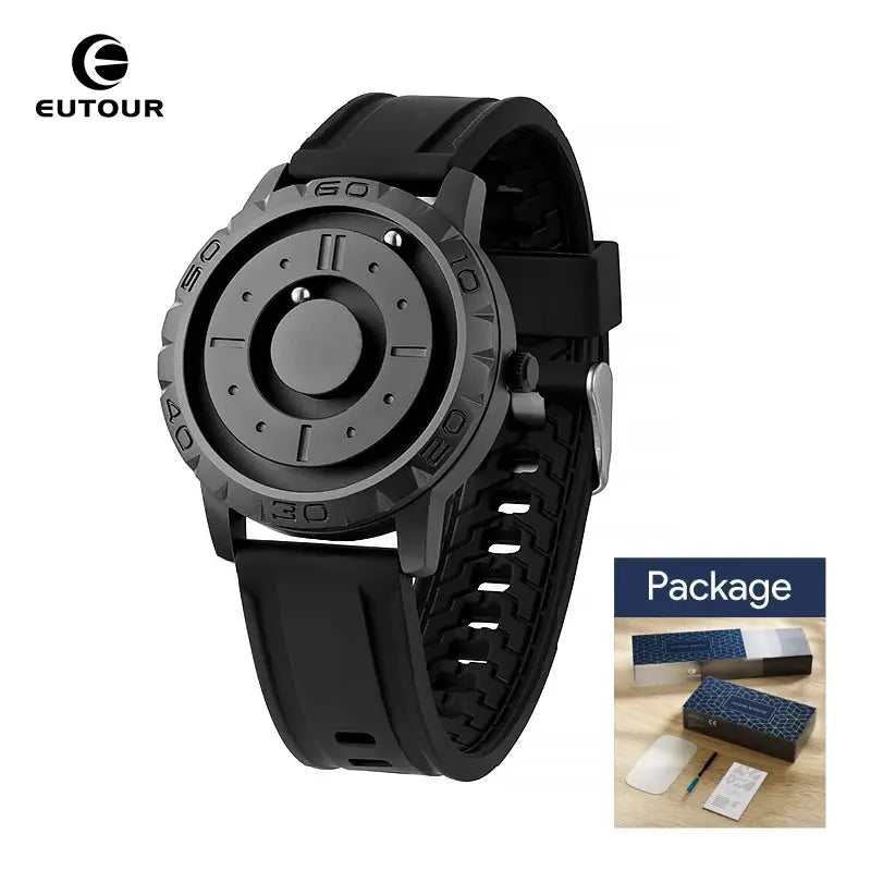 EUTOUR men's black dial quartz watch with silicone strap and gunmetal bezel