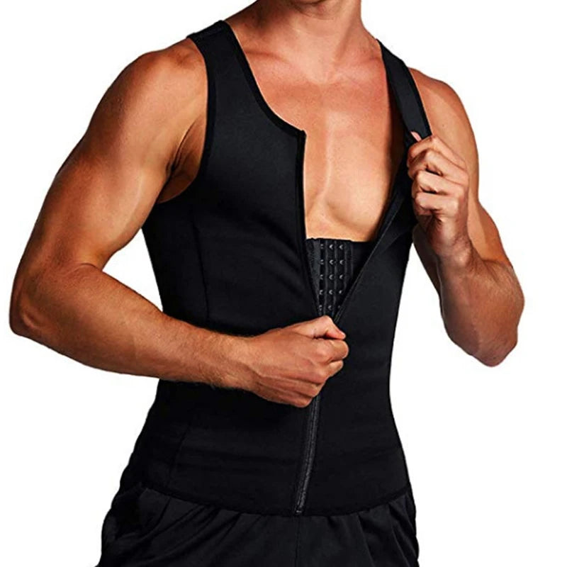 Men's slimming corset vest in black with front zipper and inner hook waist trainer, Simples Market.