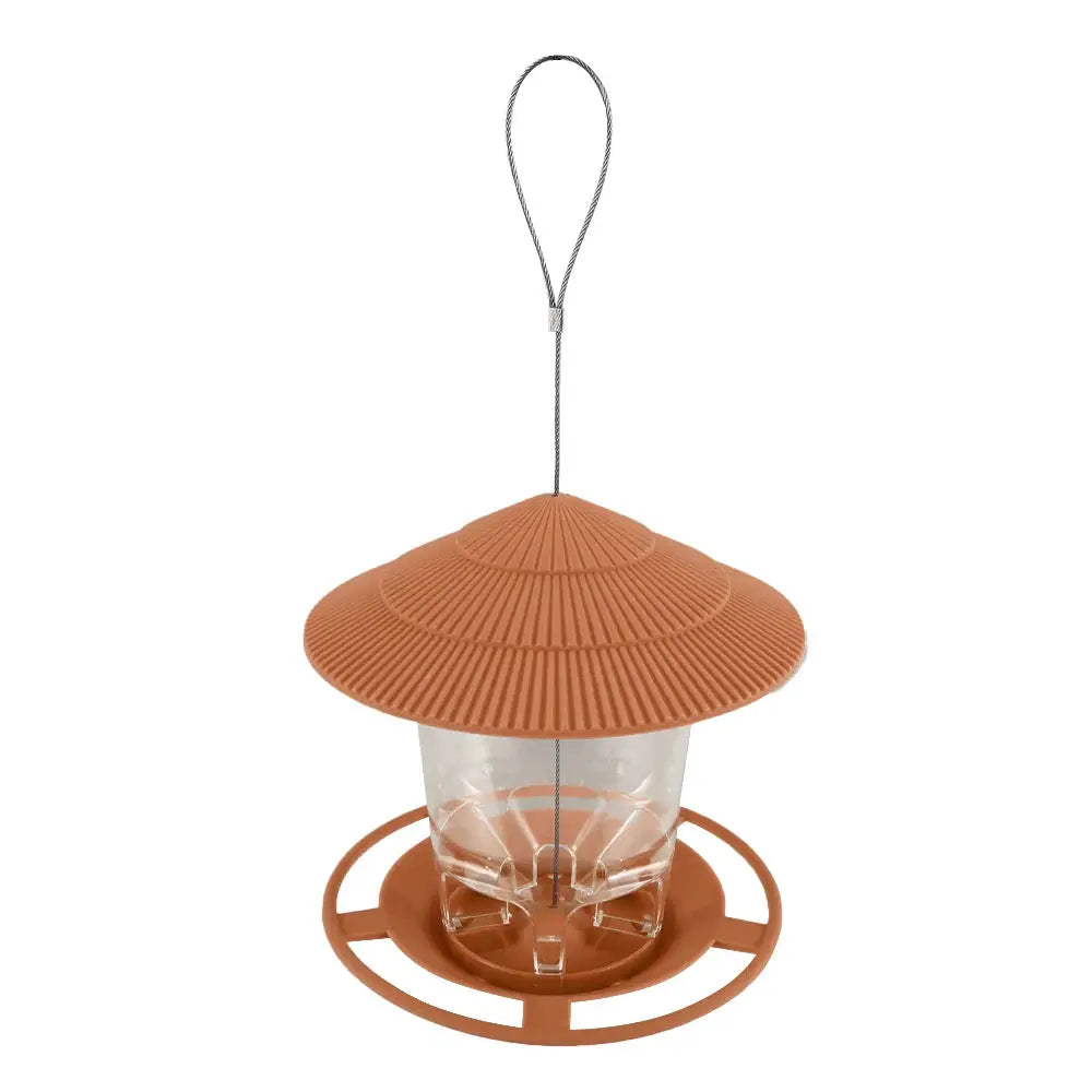 Bird feeder hanging nut dispenser for outdoor use with orange ribbed roof, clear reservoir, circular base