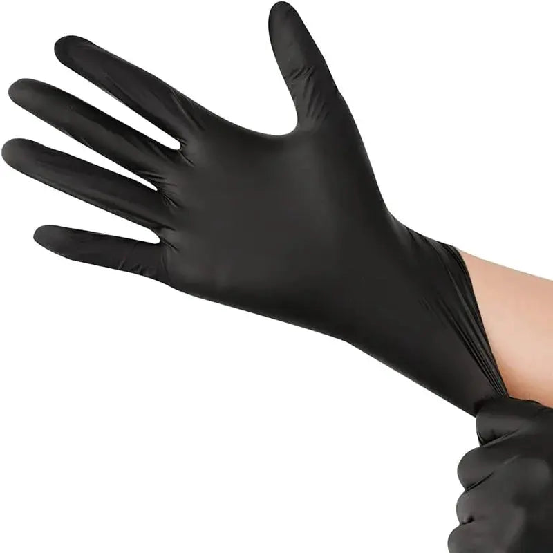 Simples Market black nitrile disposable glove worn on the hand, latex-free textured for work and cleaning