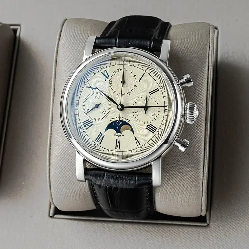 Sugess men's mechanical chronograph watch with moonphase calendar, cream dial, Roman numerals, black leather strap
