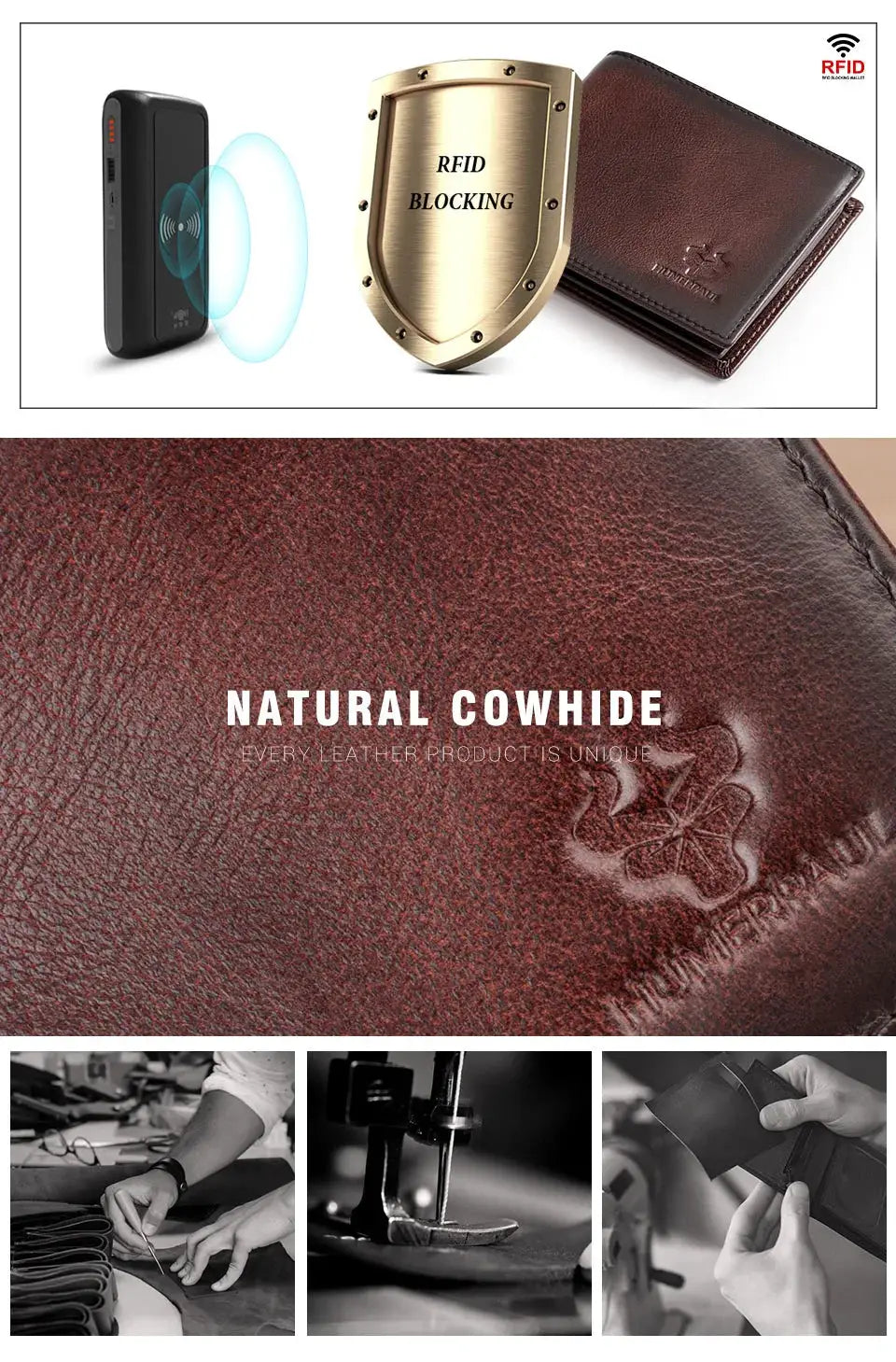 KAVIS handmade men's wallet in brown genuine leather with RFID blocking and ID window, large capacity