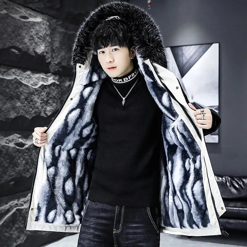 Men's long down jacket with black fur-trimmed hood, white shell and plush patterned inner lining