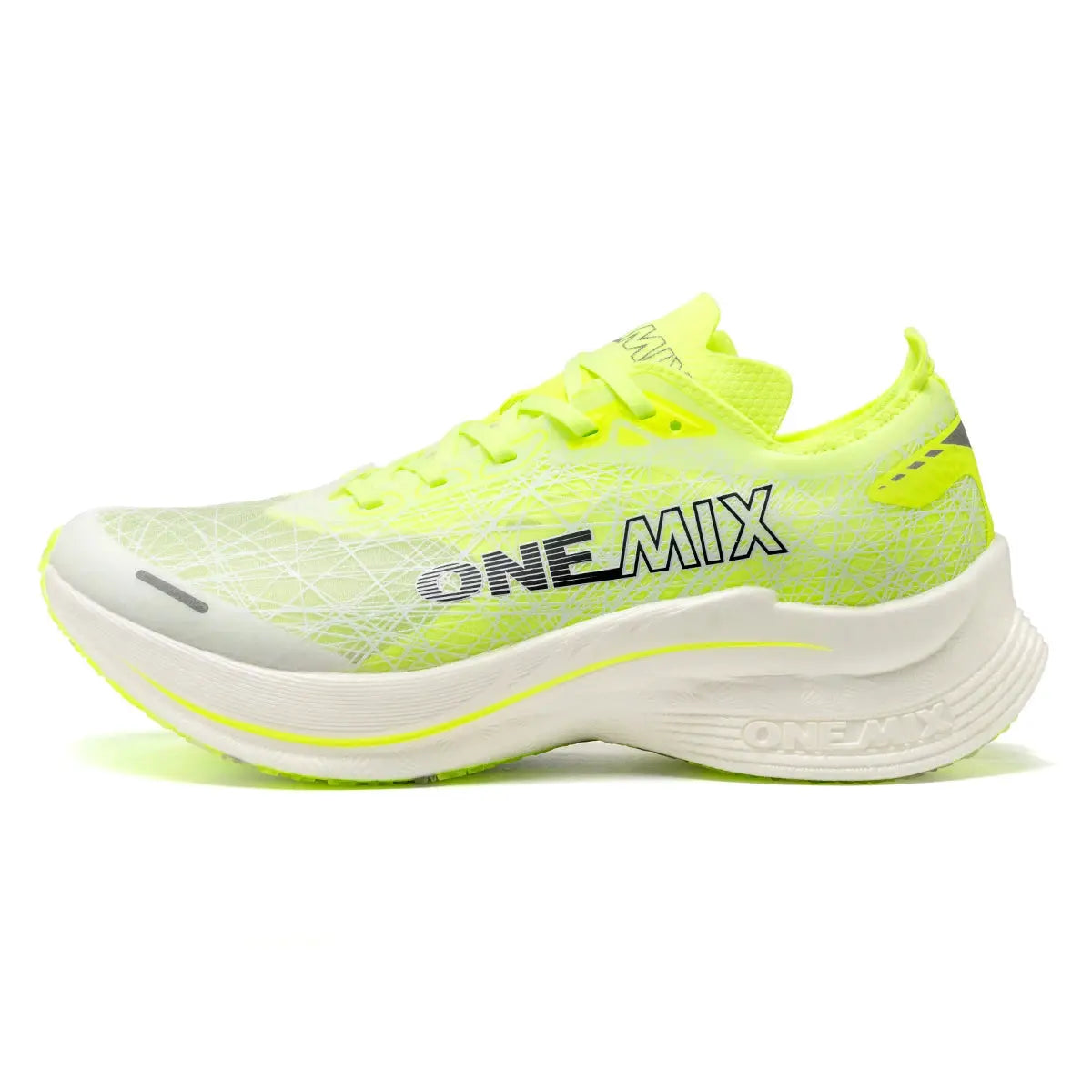 ONEMIX Marathon running shoe in neon yellow and white with a prominent ONEMIX logo on the side and thick white sole.