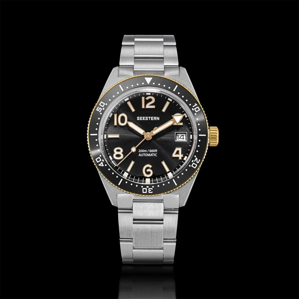 Seestern Diver men's watch with black dial, gold bezel, and steel bracelet; automatic NH35A, 200m water resistant.