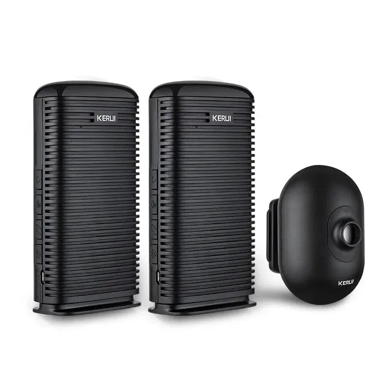 KERUI DW9 wireless driveway alarm kit with two waterproof outdoor units and a black PIR motion sensor.