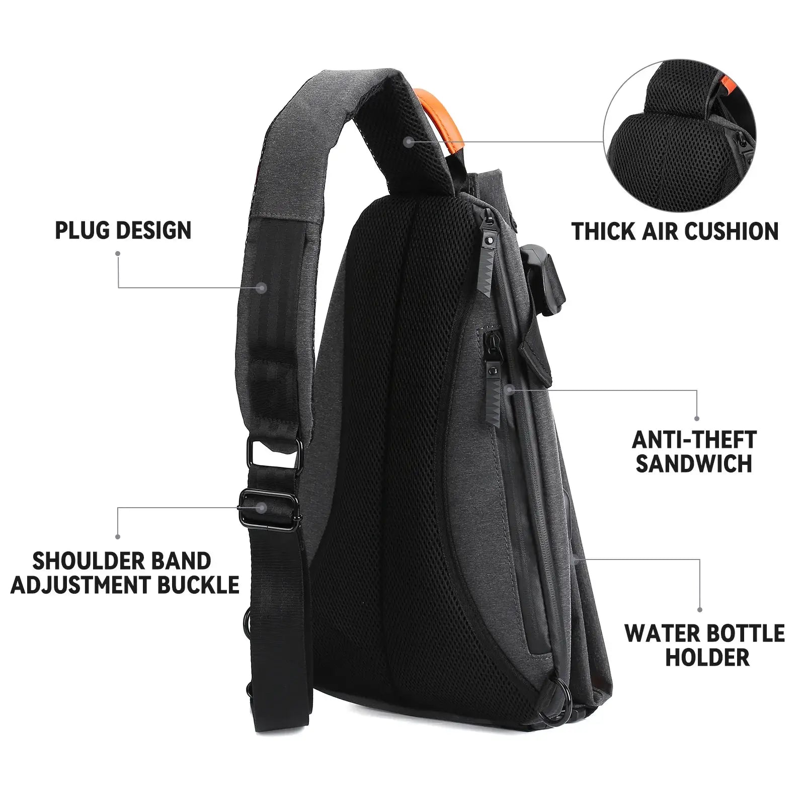 Anti-Theft crossbody sling bag in black/gray with thick padded back, adjustable strap, water bottle holder