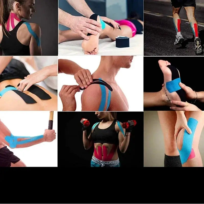 Assorted kinesiology tape patches in blue and pink applied to shoulders, knees, ankles, and elbows for athletic recovery.
