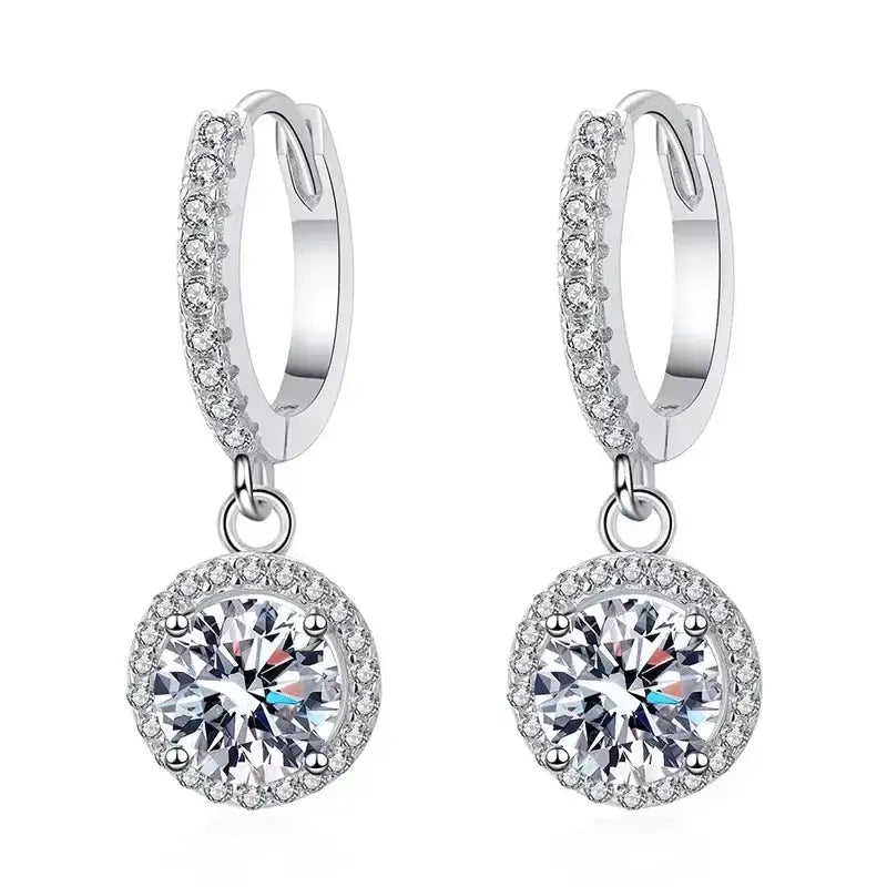 Pair of Sterling silver moissanite halo drop earrings, 1ct round stones, Simples Market