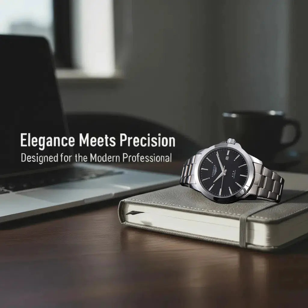 Men's stainless steel automatic wristwatch with date and black dial on a notebook.