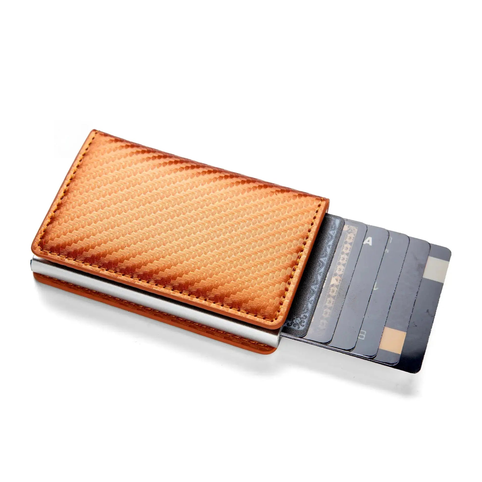Set of 3 anti-theft RFID minimalist wallets by Simples Market; orange textured PU leather with slim card holder.