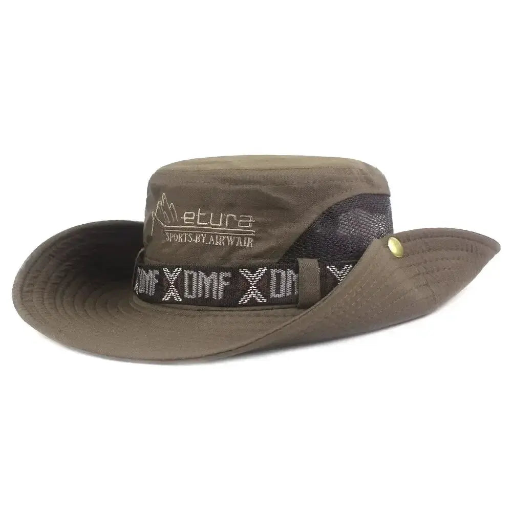 Bucket hat by Simples Market, brown with wide brim, safari mesh-back, UV protection.