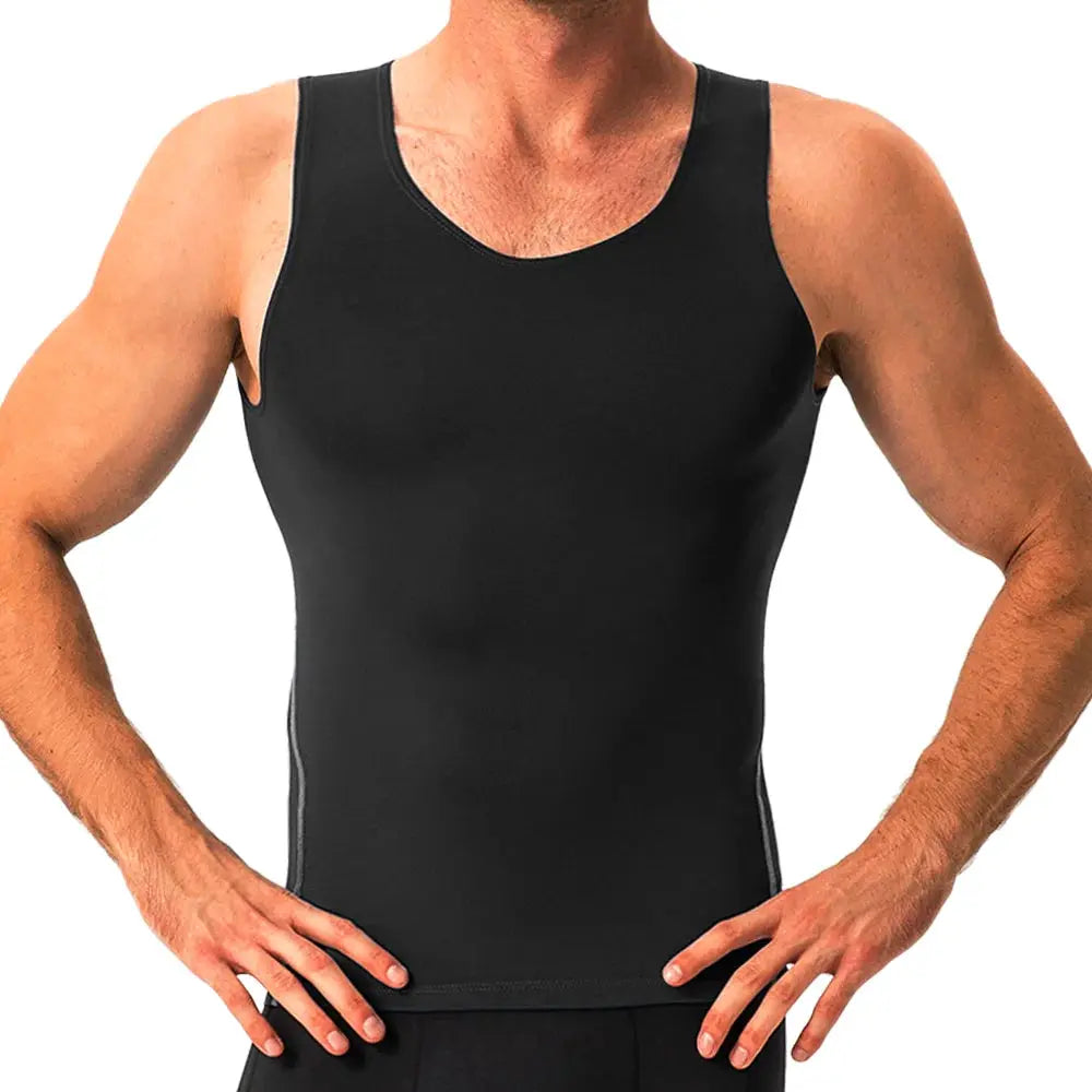 Men's black sleeveless compression tank top by Simples Market with tummy control.