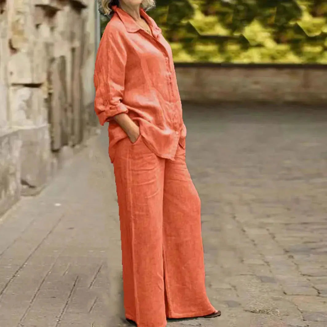 Cotton Linen Shirt Two Piece Set For Women With Wide Leg Trousers