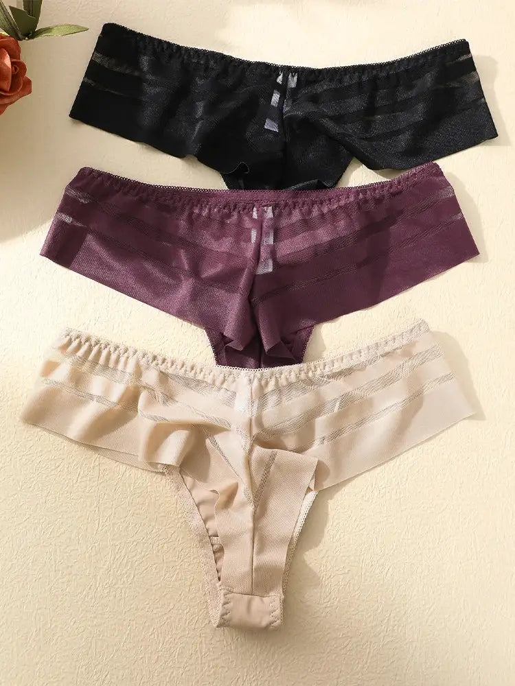 FINETOO 3pc lace hollow-out low-waist thong set by Simples Market in black, plum, beige