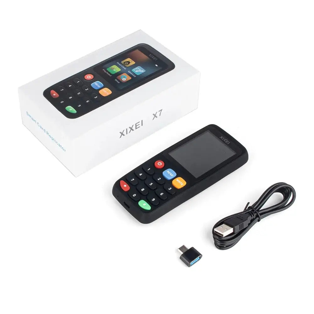 XIXEI X7 RFID card reader and NFC duplicator, black handheld with USB cable