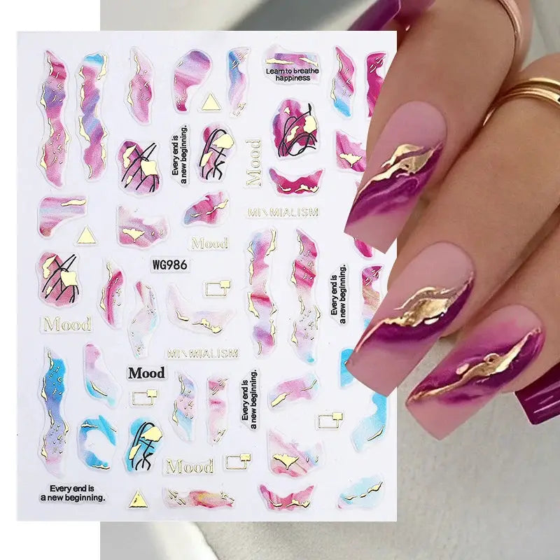 Simples Market 1PCS colorful bronzing striped nail art decals sheet with gold foil geometric lines and floral designs