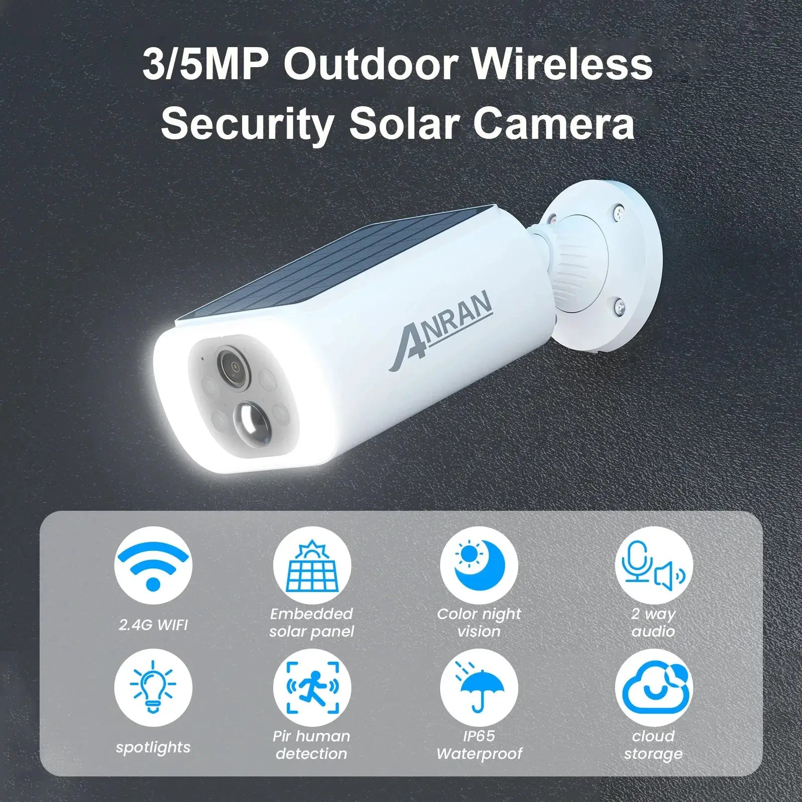 ANRAN outdoor wireless solar security camera in white with integrated solar panel and wall mount