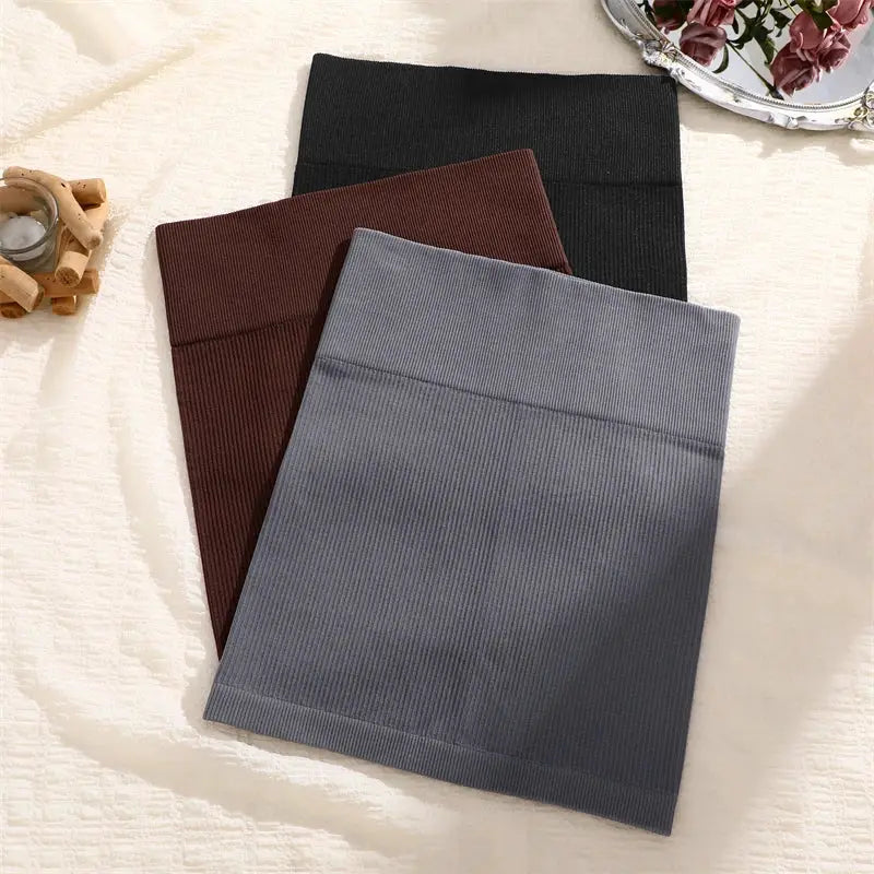 Women's ribbed high-waist mini skirts in gray, brown, black, and charcoal; set of four