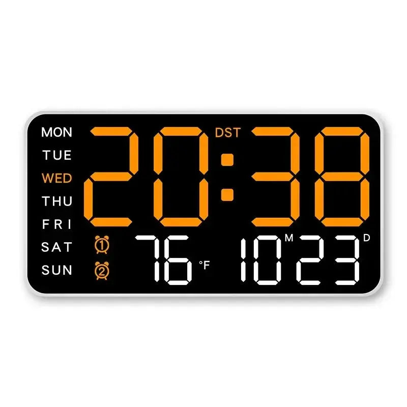 Simples Market mirror-brushed finish digital wall clock with orange LED time digits and temperature display