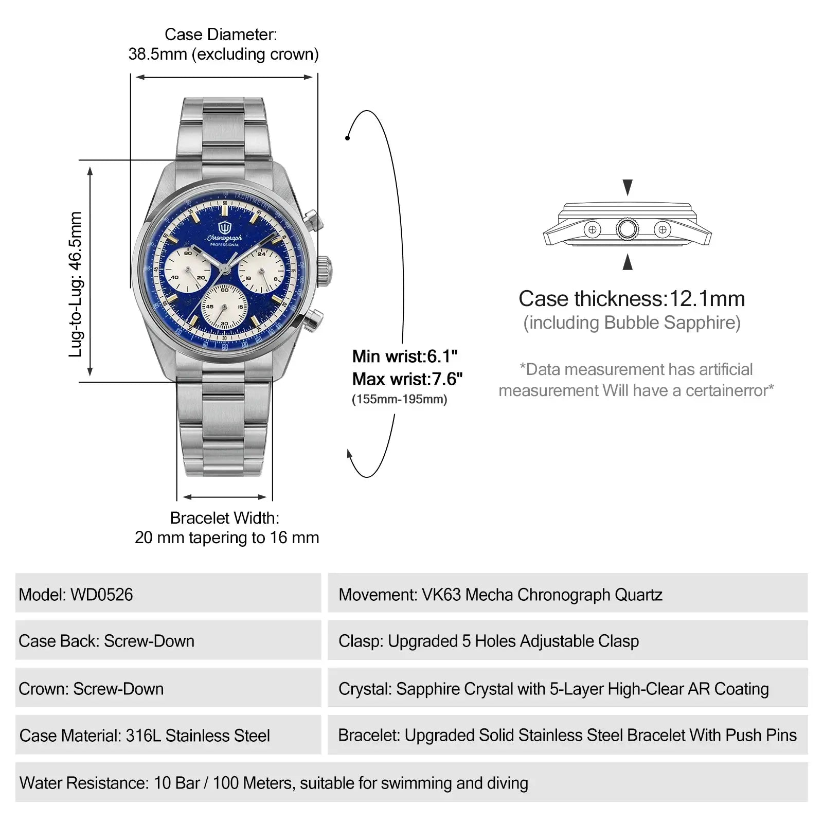 Watch: WD0526 VK63 Mecha Quartz Chronograph, blue dial, stainless steel bracelet, 38.5mm case