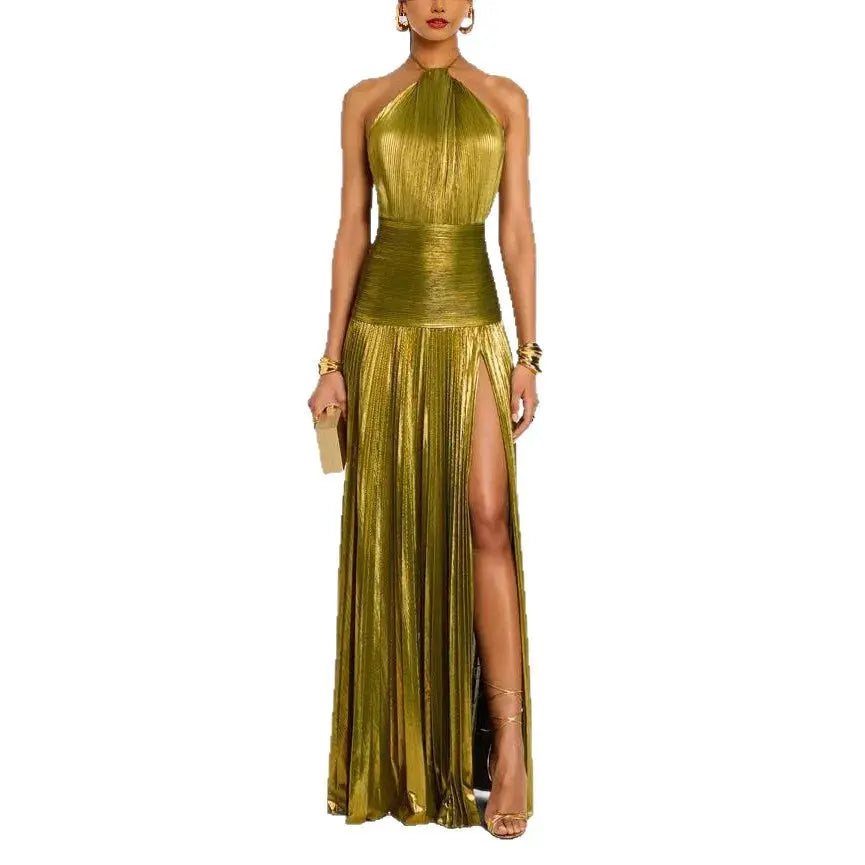 Aurora Gold Halter Neck Evening Dress With Backless Pleated Silhouette And Hip Slit For Formal Occasions