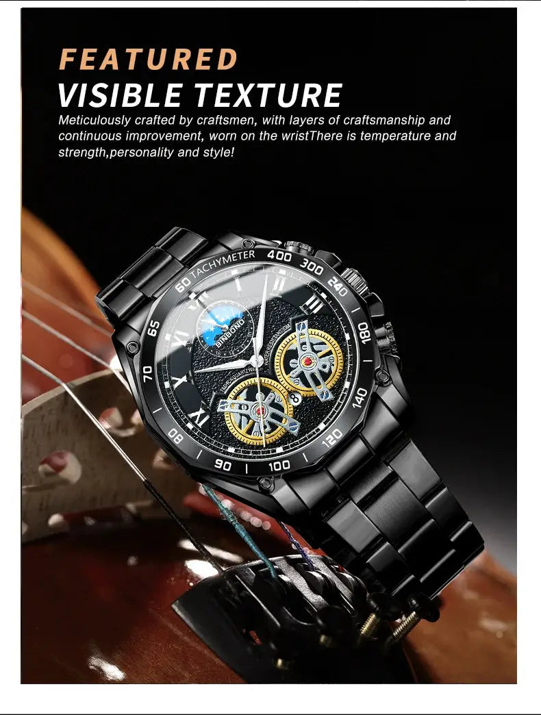 BINBOND luxury men's quartz watch with black stainless steel band and skeleton dial