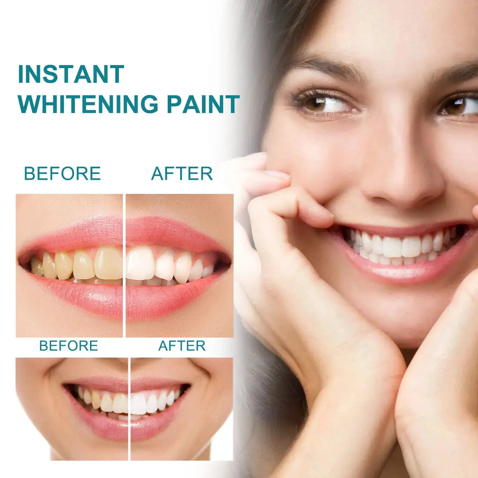 Teeth whitening paint product; instant whitening, before/after collage showing whiter teeth.
