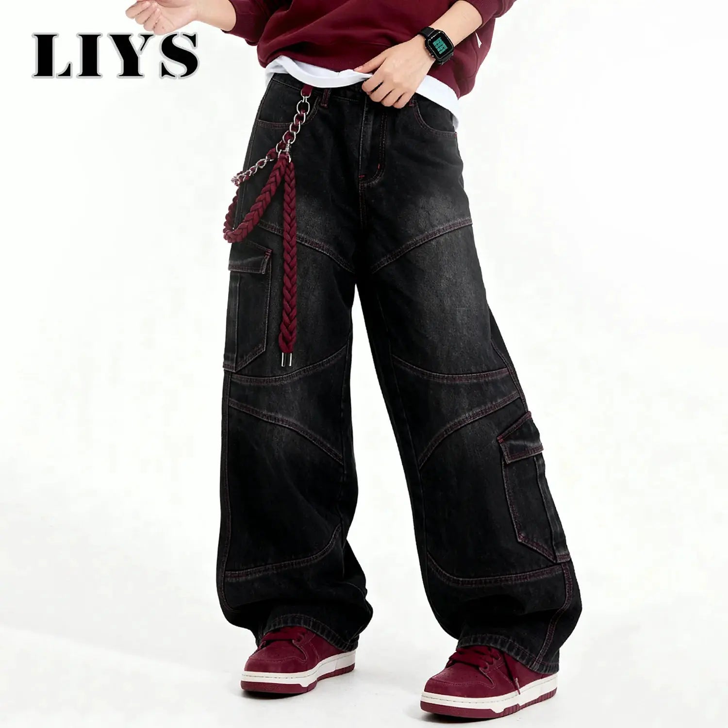 Men's Simples Market cargo denim jeans, black wash with red contrast stitching and wide legs.