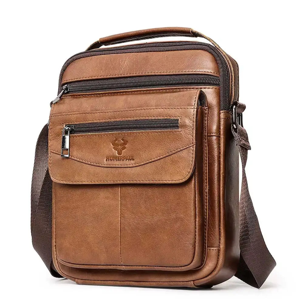 HUMERPAUL genuine leather small messenger bag for men in brown with front zip pocket and crossbody strap