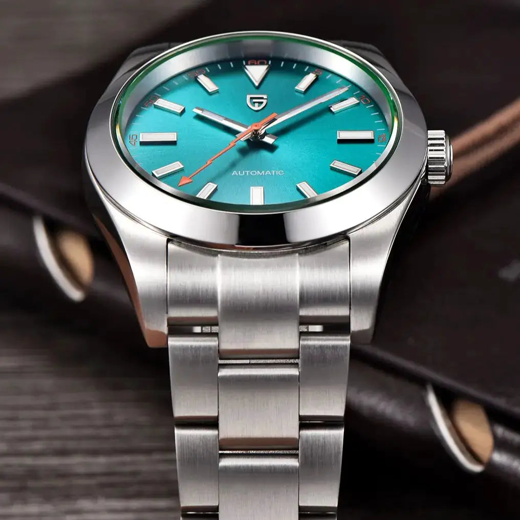 PAGANI DESIGN automatic men's watch with turquoise dial, stainless steel case and bracelet, sapphire glass