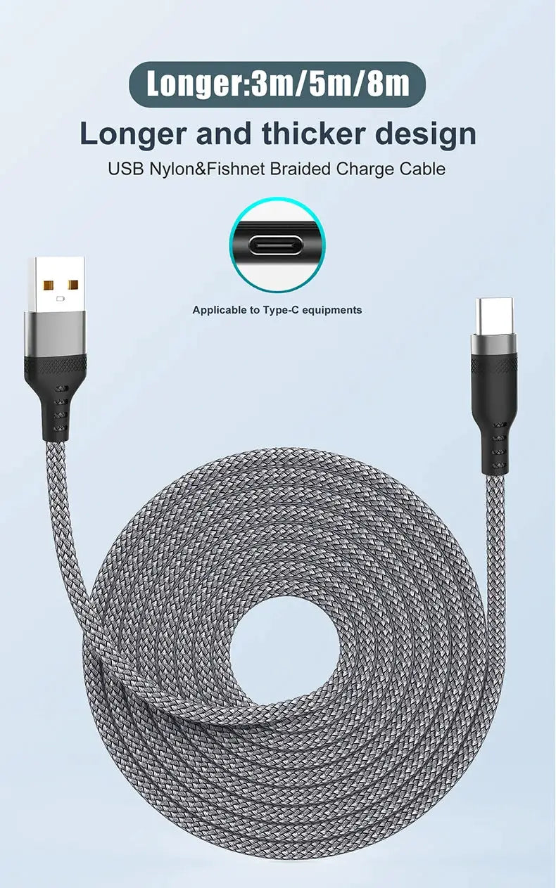 Simples Market USB Type-C braided charging cable, nylon, 3m/5m/8m length, USB-A to USB-C