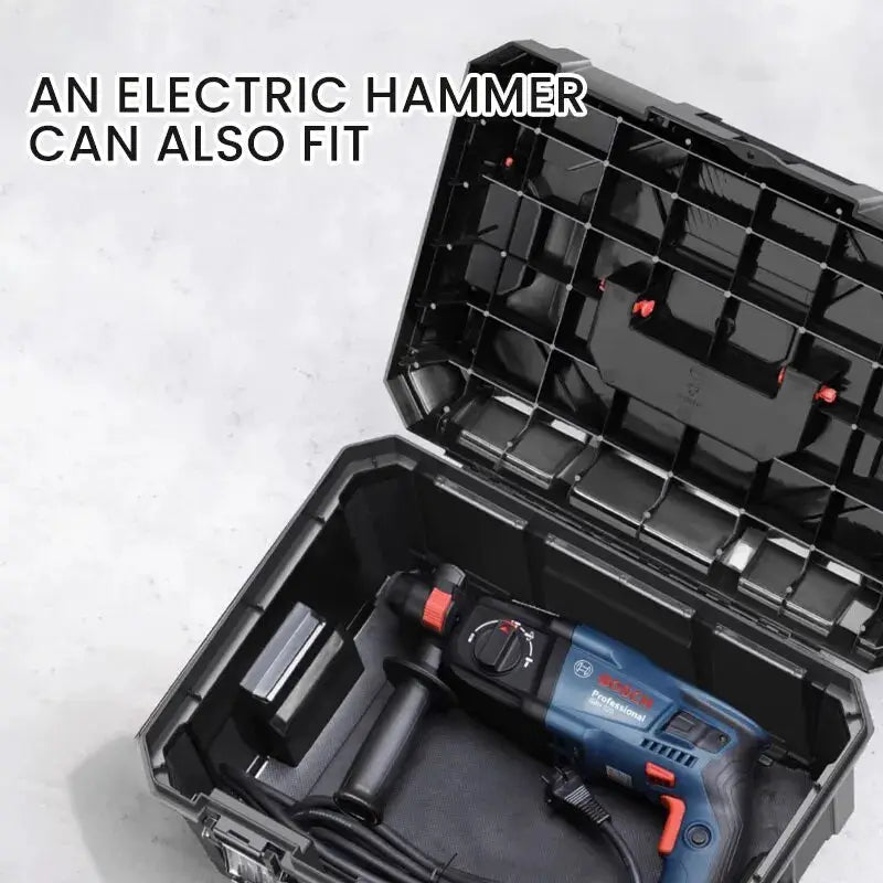 AIRAJ plastic ABS tool storage box with handle; black case containing a Bosch drill