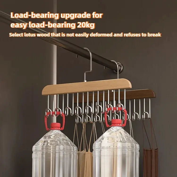 Multi-functional belt hanger clothes organizer with a wooden wave hanger and numerous metal hooks by Simples Market